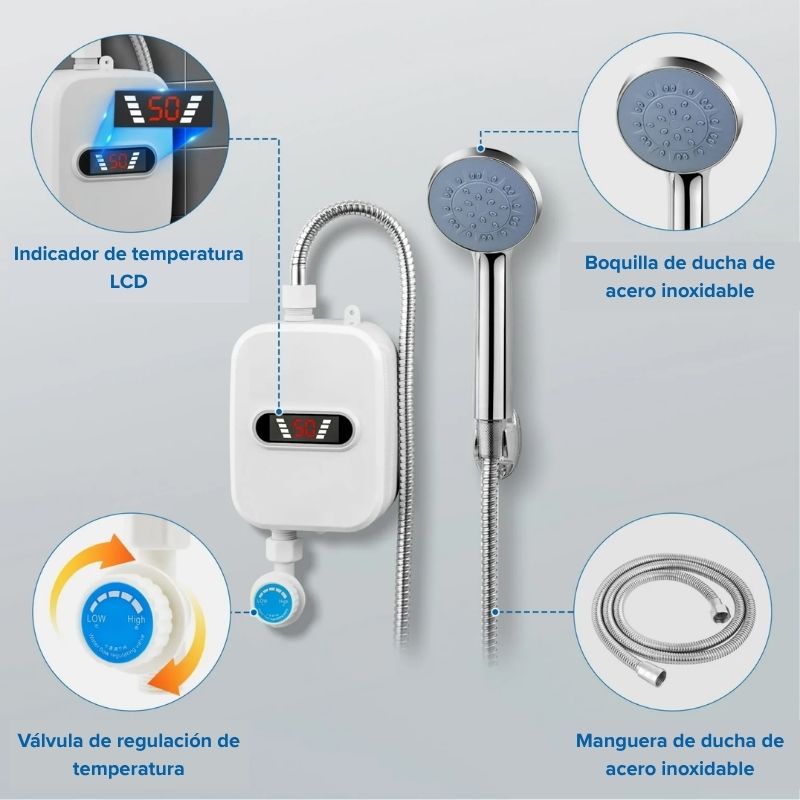 ThermaFlow Calentador de Agua para Ducha - Agua caliente sin esperas
