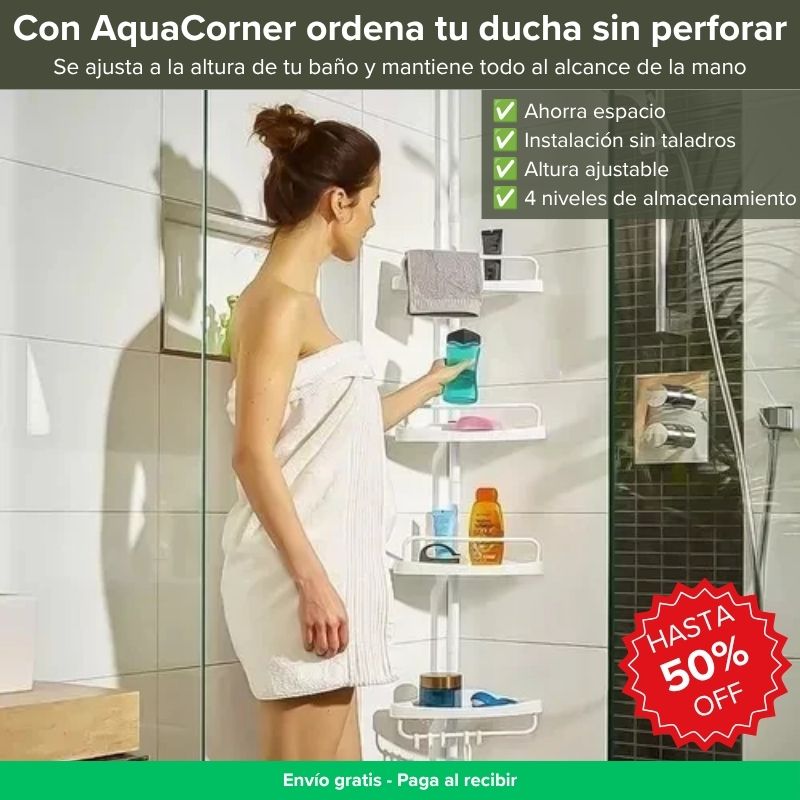 AquaCorner Esquinero de ducha ajustable multiuso - ¡Ordena tu ducha sin perforar!