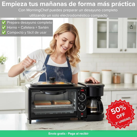 MorningChef Máquina para el Desayuno Multifunción 3 en 1 - Horno Eléctrico, Cafetera y Sartén en una Sola Máquina
