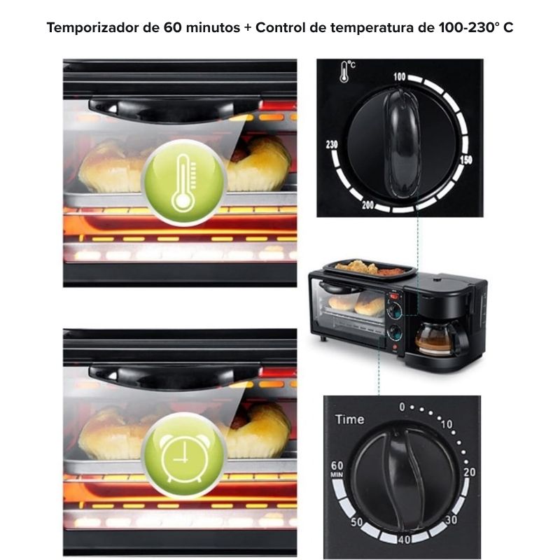 MorningChef Máquina para el Desayuno Multifunción 3 en 1 - Horno Eléctrico, Cafetera y Sartén en una Sola Máquina